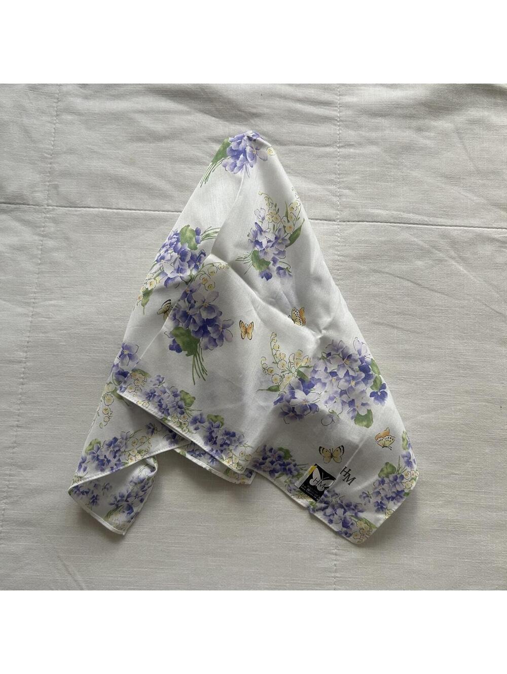 White Cotton Bandana Purple Hydrangea Floral Butterfly Print Scarf